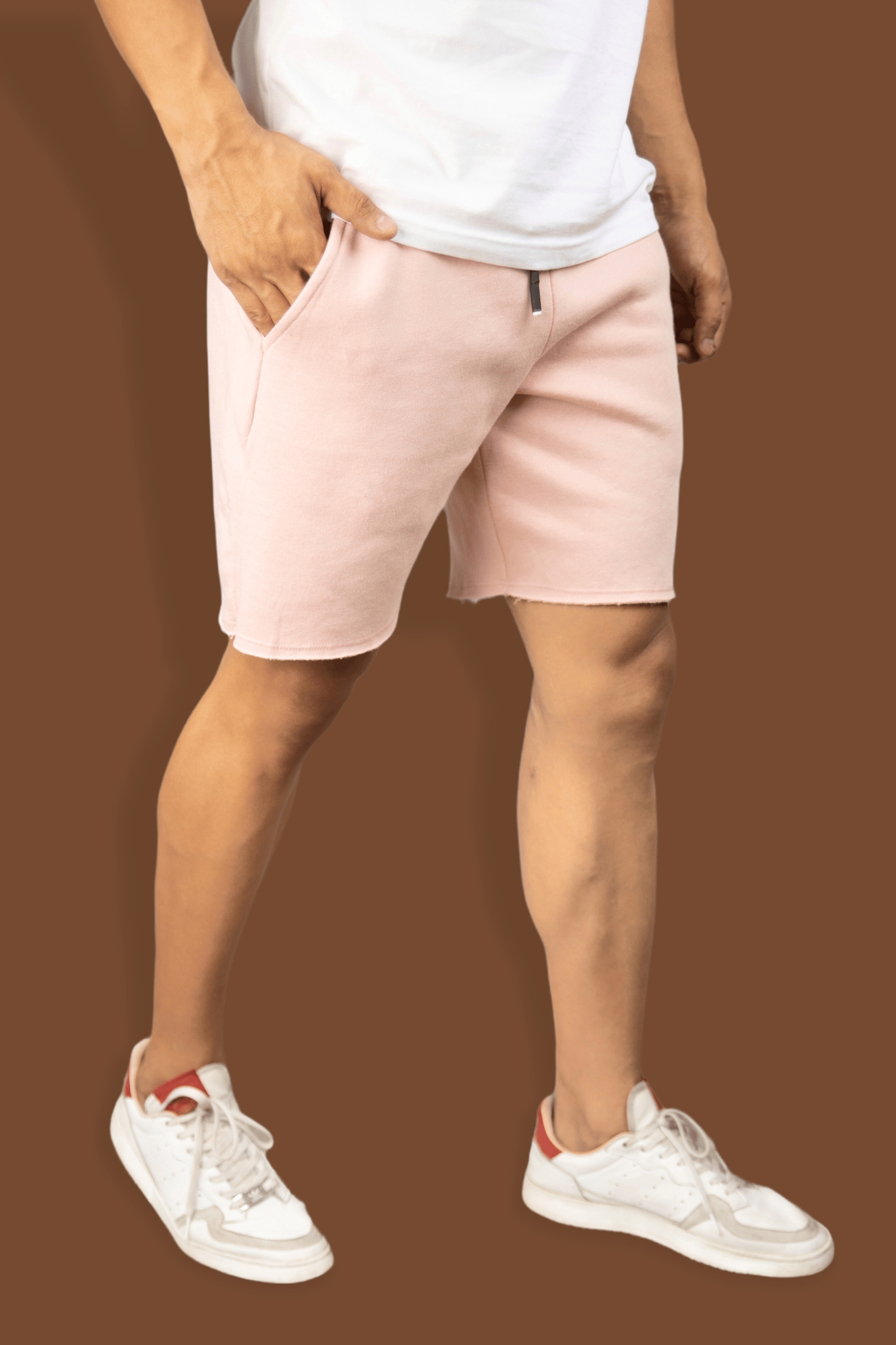 Pink casual cotton fleece cut hem shorts for men-M / Pink
