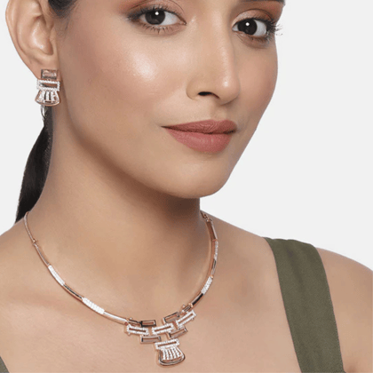 Modern Rose Gold-Tone Necklace & Earring Set with Shimmering Accents