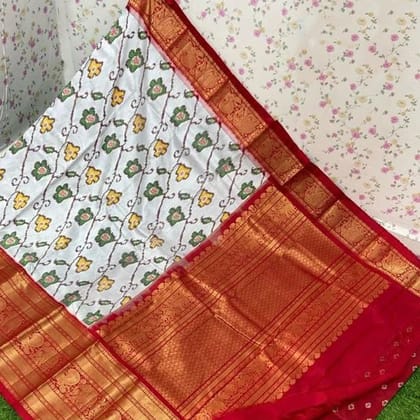 Light Cyan Color Exclusive Ikkat Kanchi Border Weaving Print Saree With Blouse-Blue / Fancy Silk / Weaving Work