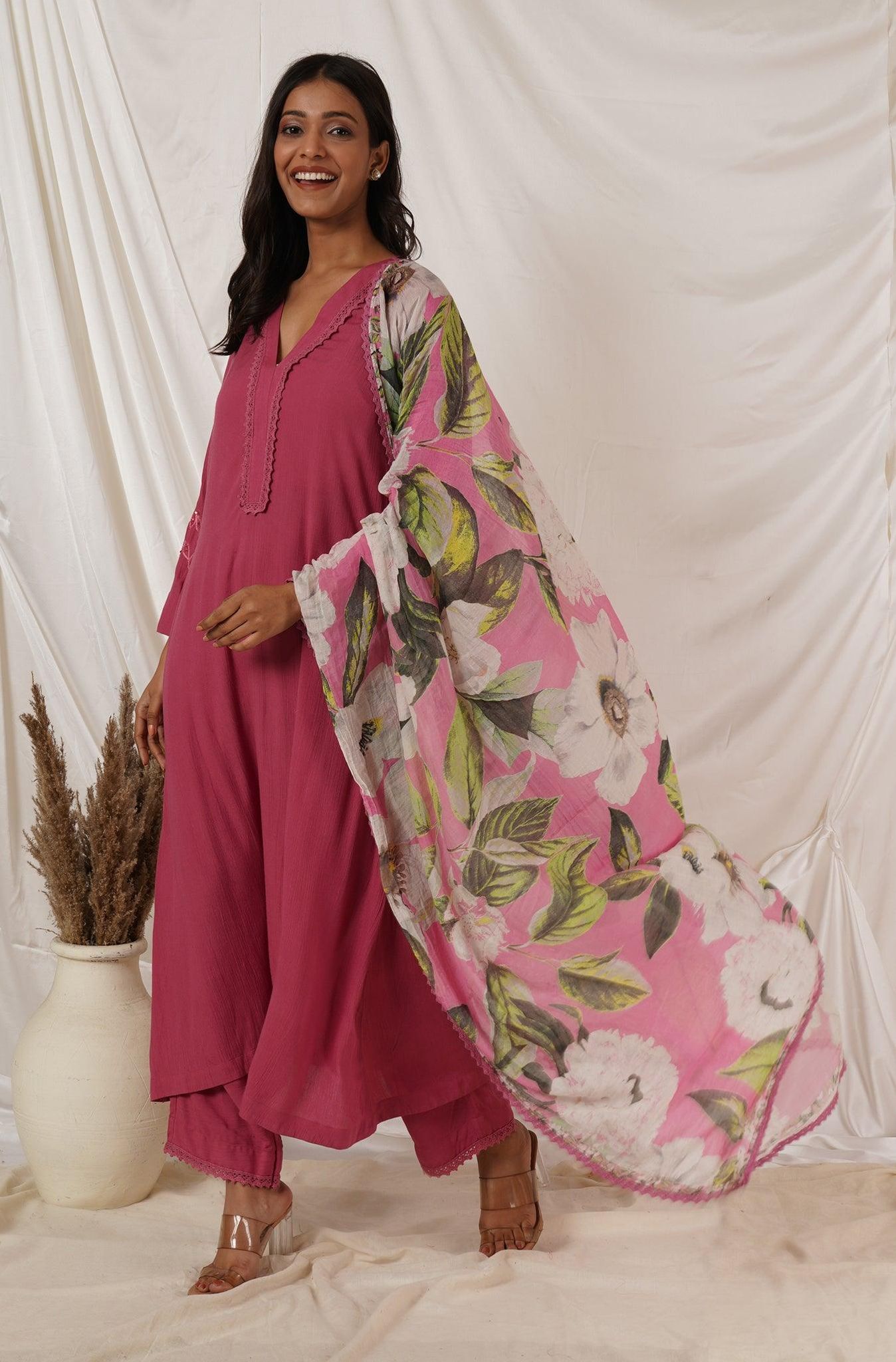Rose Pink Floral Dupatta