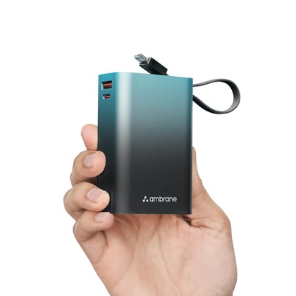 Ambrane 20000mAh Small Pocket Size Powerbank, Hanging InBuilt Type C Cable, 22.5W Fast Charging, Type C PD & USB Output for iPhone, Android Mobiles & Other Devices (MiniCharge 20, Black-Blue)