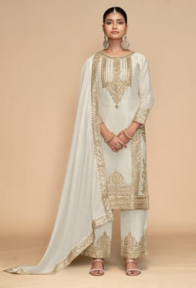 Partywear White Color Embroidery Salwar Kameez Suit-M