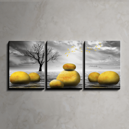 Abstract Golden Stone Wood Print Wall Art Set of 3-9 x 12 Inches Each / Pinewood Thickness: 6mm