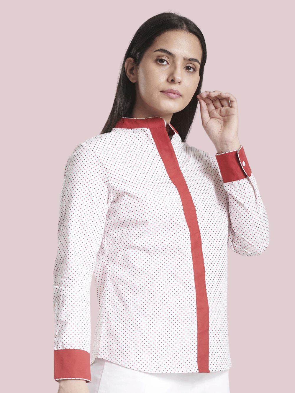 Mandarin Collar Cotton Shirt - White and Red-M