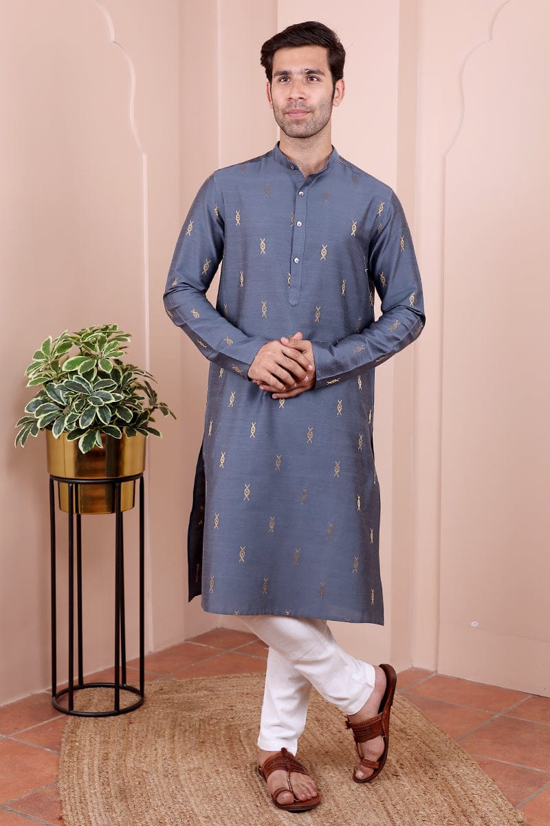 Grey Jaquard Art Silk  Long Kurta Full Sleeves MLKFS02243-L