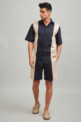 Colour Block Shorts-38 / Navy/Beige