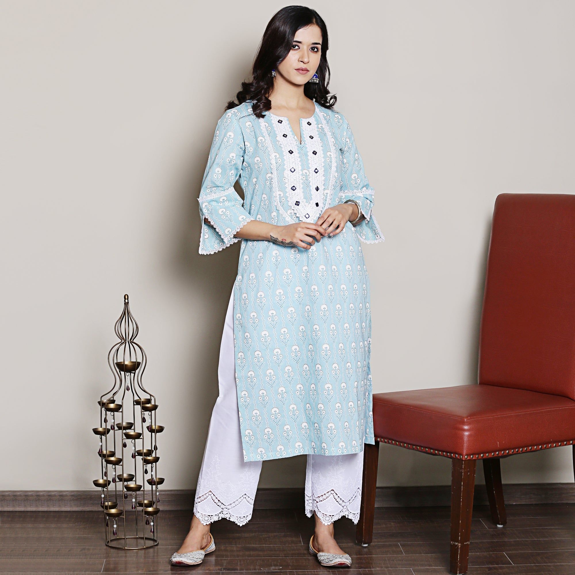 Blue printed kurta with embroidery-XS