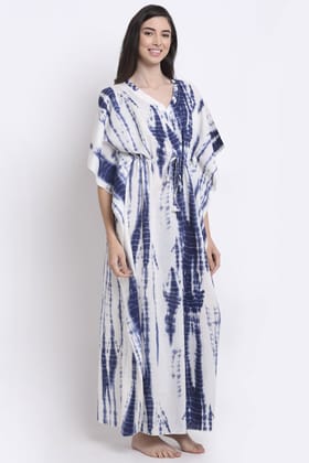 White and Blue Tie & dye Printed Rayon Kaftan-ONESIZE