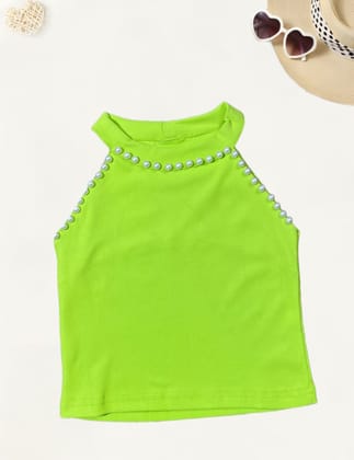 Girls Pearl Tank Top  [GT-633] [4-12 year]-4-5Y (Size - 24) / Ribbed / Neon Green