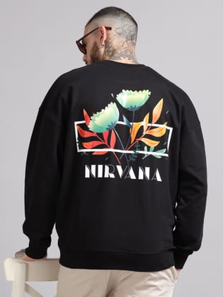 Men Printed Oversized Sweatshirt Pure Cotton Full Sleeve Black-XS / Black