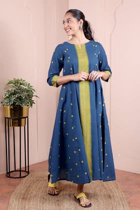 Dark Blue Dobby South Cotton Women Ankle Kurta Long Sleeves WAKLS10249-S