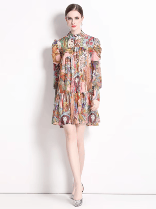 Abstract Printed Short Dress-M / Multicolor