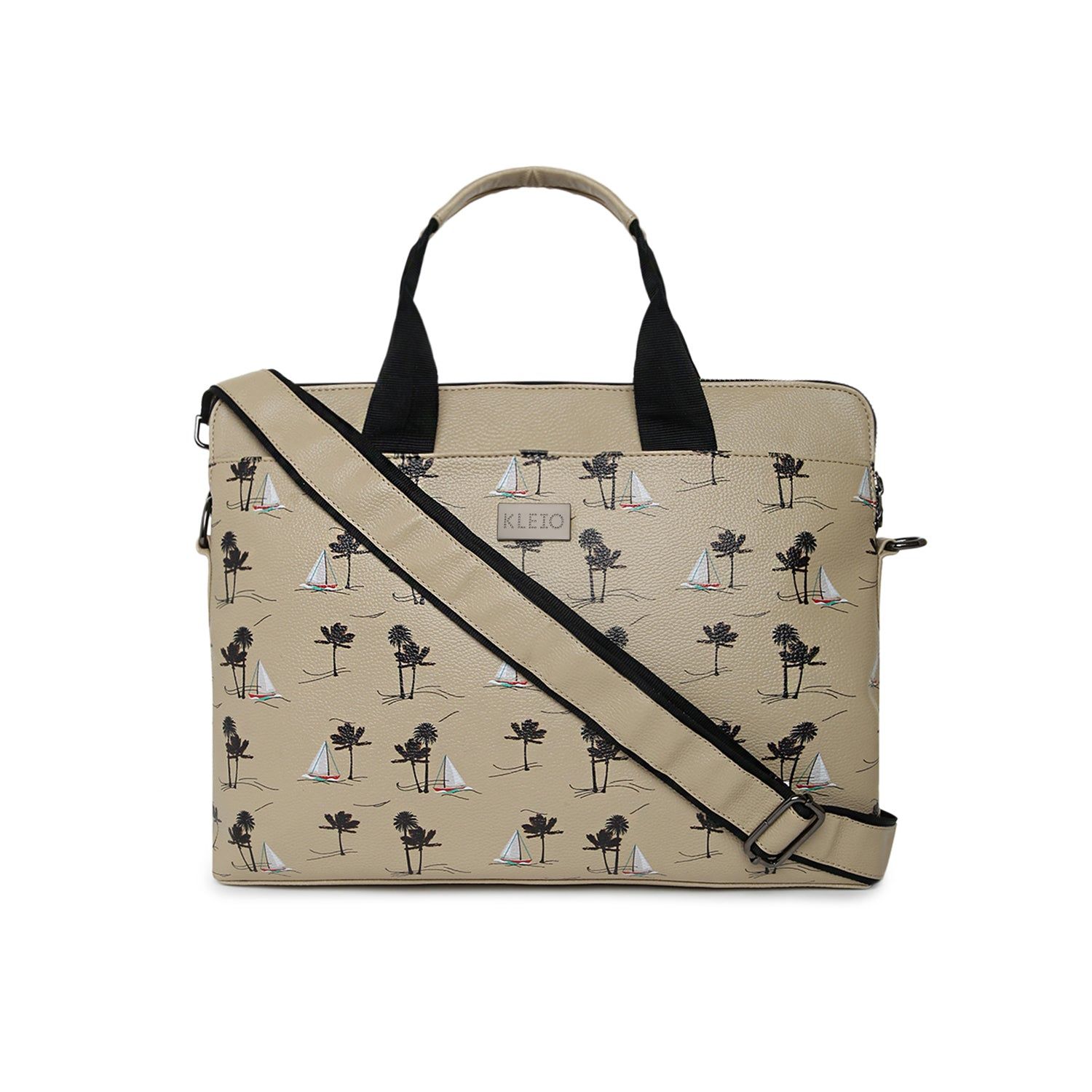Printed Vegan Laptop Bag (L)-Beige