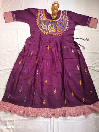 Wine Cotton Kantha Stitched Gown
