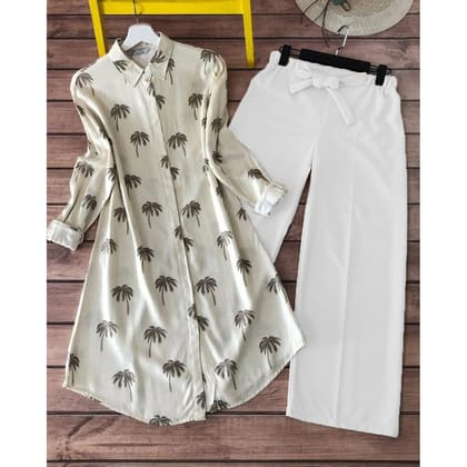 A Stylish Coconut Tree Printed White Kurti with Palazzo Designed by GlamaStitch-M
