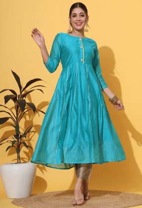 Turquoise Chanderi Anarkali Kurta-S