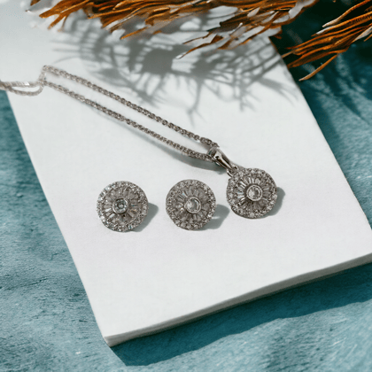 Modern White Locket Set with Geometric Design-White / Rhodium