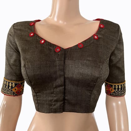 Khadi Cotton Sweetheart neck Blouse with  Embroidered Lace Border, Mirror Work Details & Lining,  Grey, BW1139-S