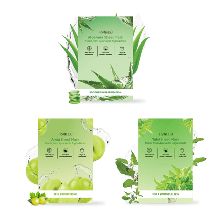 Pyoura Face Sheet Mask Youthful Skin Kit <h4> Skin-Renewing & Rejuvenating <h4> <h6> Made from ayurvedic ingredients that preserves their skin caring activies without adding chemicals or preserva