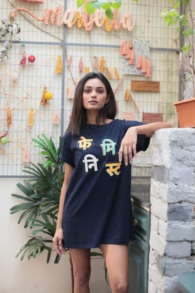 Women Navy Blue Printed Longline T-shirt Dress-S