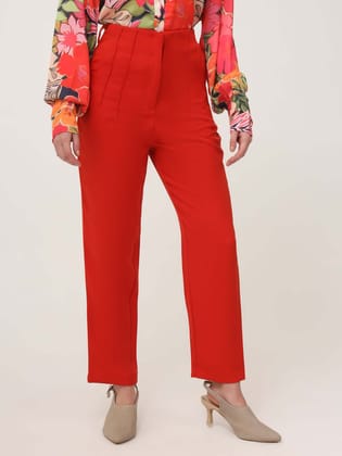 Women'S Luxury Banana Crepe Mars Red Skin Fit With Multi Pleated Trouser-28