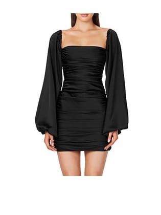 Lantern Sleeves Ruched Bodycon Short Dress-M / BLACK