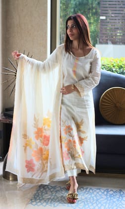 Cotton Off-White & Gold Woven Thread Work Kurta and Dupatta-XXS