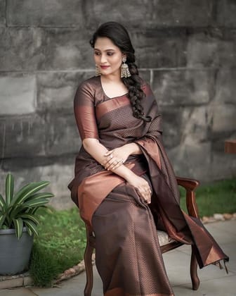 Brown Zigzag Woven Kanjivaram Soft Silk Jacquard Saree