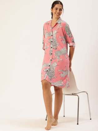 Pink Animal Print Long Sleeves Sleep Shirt-M