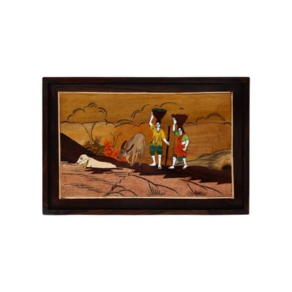 Wooden Mysore Inlay Painting of Rural Couple carrying Basket