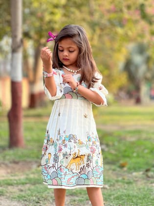 Byzantine Pure Cotton Threads Work Full Flair Attached Puffy Sleeves Kids Frock-Beige / 0-3 Month