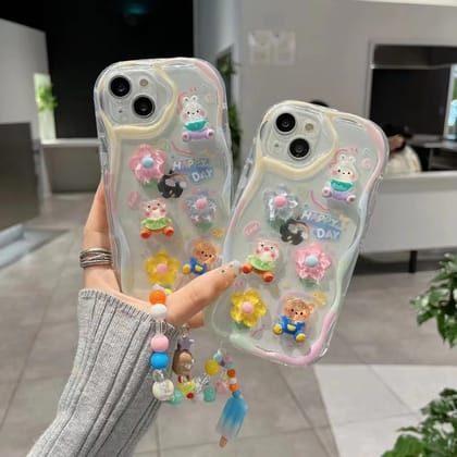 3D Bear Floral Happy Day Characters With Lanyard Bracelet Transparent Colored Bumper iPhone Case-iPhone 14 Pro