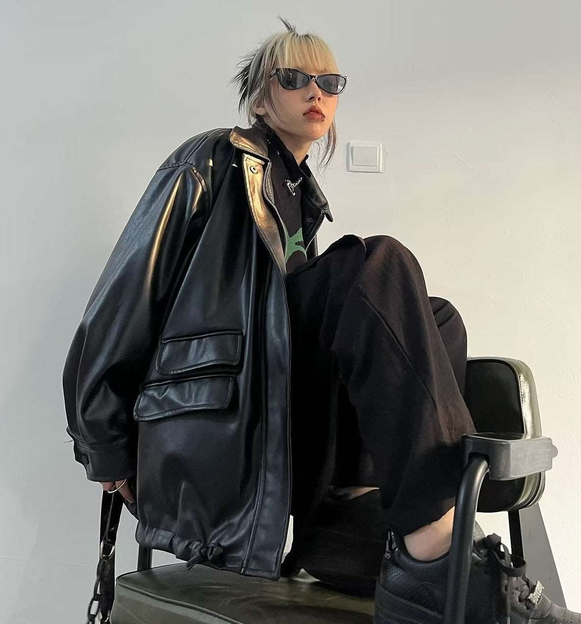Oversized Black Faux Leather Jacket-M