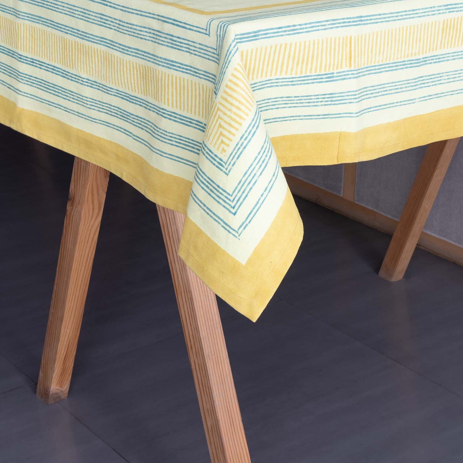 Hand Block Printed Cotton Table Cloth - 58x90-100% Cotton Canvas / 58 Inches x 90 Inches / 5ft x 7.5ft / Light Yellow, Mustard Yellow & Blue