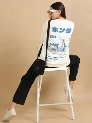 Women Printed Oversized Sweatshirt Pure Cotton Full Sleeve Off White-XS