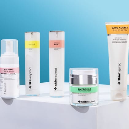 Flawless Skin with Foaming Face Wash (100ml) + Dive-in C Vitamin C Serum AM (30ml) + Desqua Mate AHA BHA PHA Serum PM (50ml) + Mattifying Gel Moisturizer (50g) + Care Addict Sunscreen (150g)-Combo