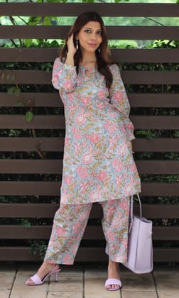 Cotton Lurex Blue and Pink Coord Set-XXS