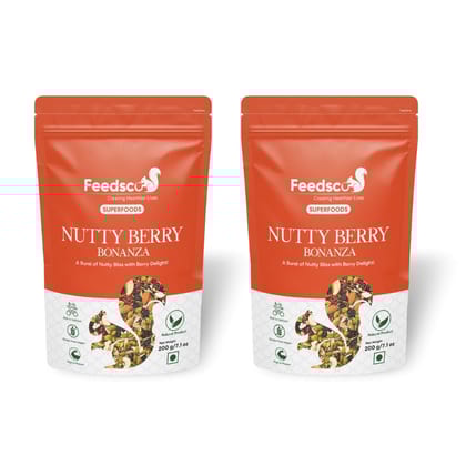 Feedsco Nutty Berry Bonanza Mixed Nuts, Seeds, and Berries - 200g -Pack of 2, Healthy Snacks, Fresh & Nutritious Nutmix for Eating
