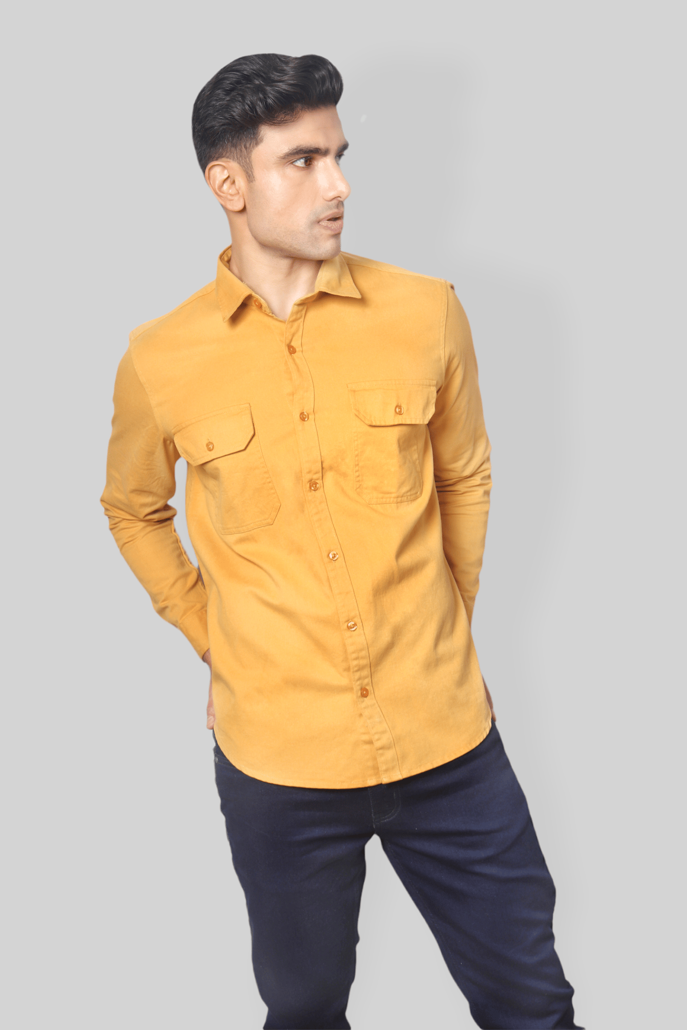 Mustard double pocket denim shirt for men’s-S / Mustard