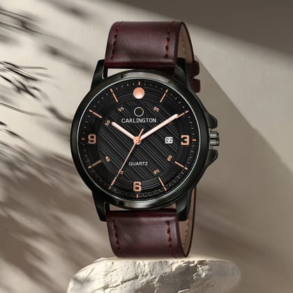 Carlington Elite Gents Water Resistant Genuine Leather Strap With Date Display-Brown