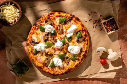 Woodfired - Burrata Mushroom, Cheese, Onion & Capsicum Pizza