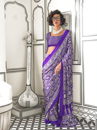 Purple Pure Satin Crepe Ajrakh Printed Saree