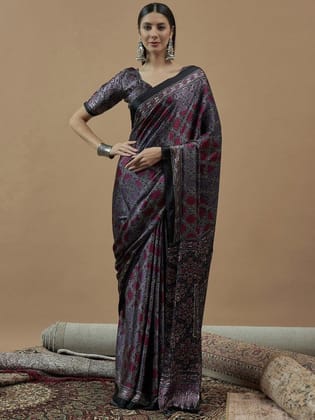 Blue Ajrak Crepe Block Print Sarees