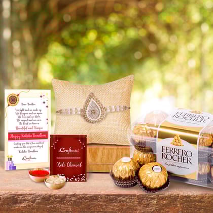 Designer Rakhi with Ferrero Rocher (16 pcs) and Roli Chawal Pack, Best Wishes Greeting Card