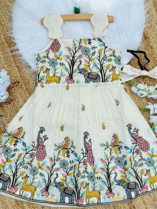 Byzantine Embroidery Work on Pure Khadi Cotton Fabric Kids Frock-White / 0-3 Month