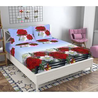 BLACK BEE  White  red gerbera Floral 3D print 
double bedsheet with 2 Pillow Covers (208 X 213 cm)(BS20-06)