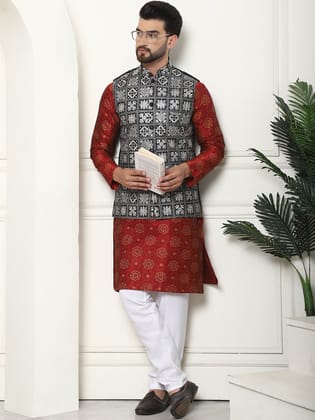 Men's Silk Printed Maroon Kurta and Cream Pyjama With Embroidered Black Nehru Jacket-36