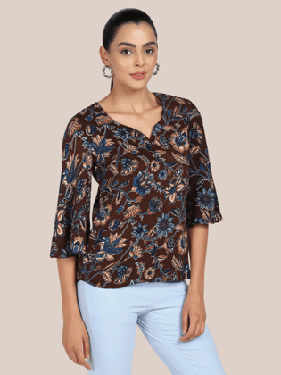Floral Cotton Top - Brown & Blue-S