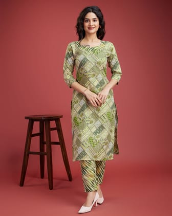 Green printed kurta three piece set-XS-34