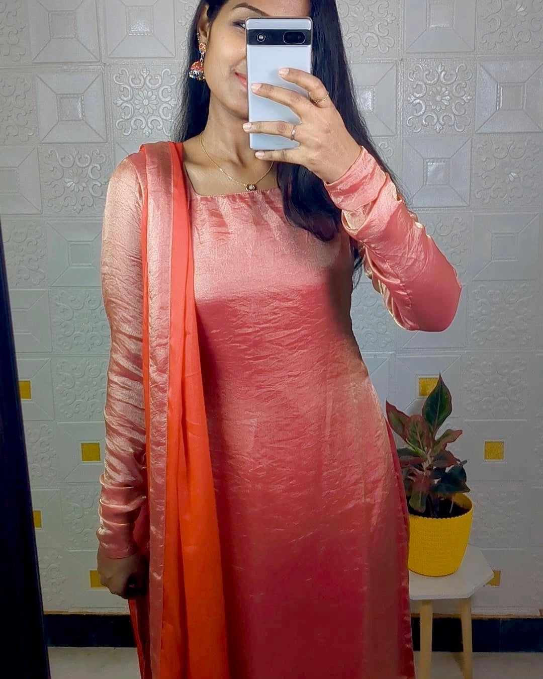 Elegant Soft Space Silk Kurti with Shining Dupatta-REDISH PINK / XS